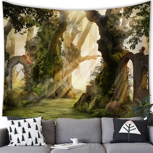 Tapiz de bosque medieval de fantasía con arco de piedra decoración de pared salón