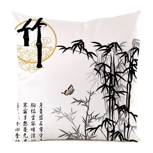 Detail of faux silk pillow cover featuring Chinese ink bamboo, calligraphy and butterfly