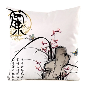 Detailed view of white faux silk cushion cover featuring Chinese ink orchid and calligraphy