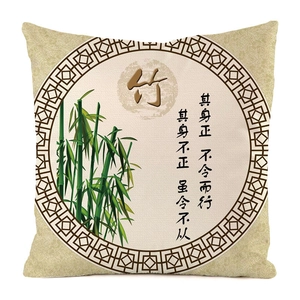 Detail of faux silk pillow cover featuring bamboo pattern and Chinese calligraphy art