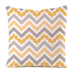 Detail of yellow and grey chevron pattern on faux silk square decorative pillow case