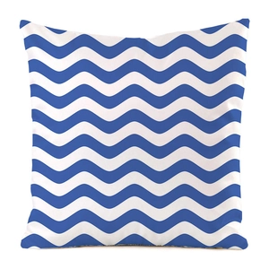 Detailed view of the royal blue and white zigzag chevron pattern on faux silk pillow cover