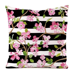 Detail of faux silk pillowcase with black white stripes and hand-painted pink flower print