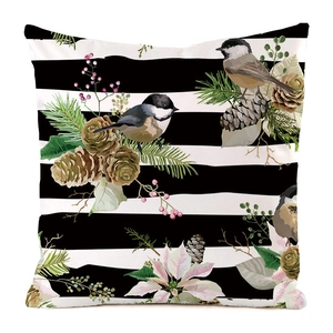 Detail of bird and berry print on striped faux silk decorative pillowcase