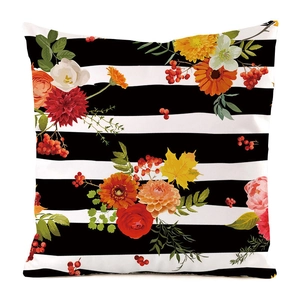 Detailed view of striped faux silk cushion cover featuring vivid hand-painted autumn florals