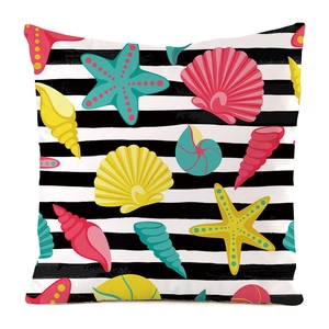 Detail of faux silk pillow cover featuring hand-painted marine shells and striped pattern
