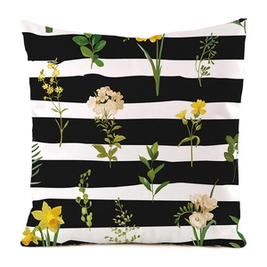 Detail of striped cushion cover featuring hand-painted floral patterns on faux silk fabric