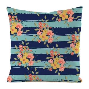 Detail of hand-painted floral patterns and blue stripes on silk-textured cushion cover