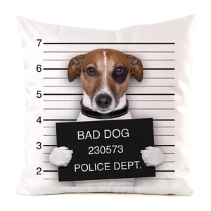 Dettaglio della stampa mugshot Jack Russell su federa decorativa in raso bianco