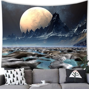 Fantasy moon and mountain landscape tapestry hung over a modern sofa in a living room