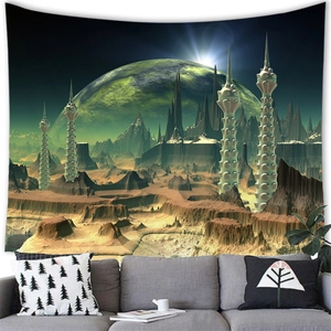 Surreal alien landscape tapestry featuring green planets above a gray sofa in living room