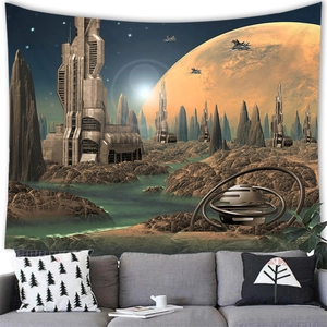 Macro shot of futuristic sci-fi wall tapestry hanging above a modern sofa for home decor