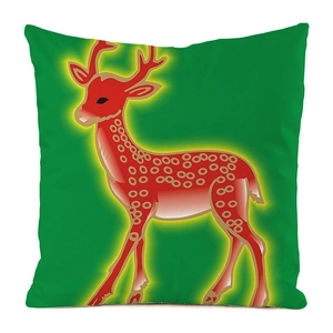 Detailed close-up of emerald green faux silk pillow cover with red deer festive pattern