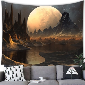 Detail of sci-fi alien landscape tapestry with moon and mountains over a gray sofa