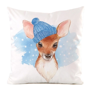 Detail of deer watercolor print on white square cushion cover with blue knit hat and snowflakes