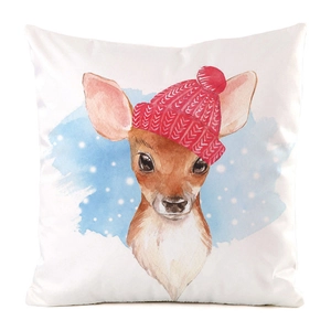 Detail of deer with red hat watercolor print on white square throw pillow cover
