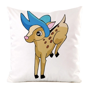 Detailed close-up of a white square pillowcase featuring a cute cartoon deer print