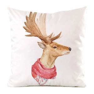 Detail of white faux silk cushion cover featuring a watercolor reindeer with red scarf