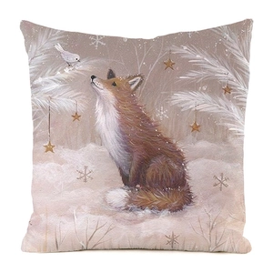 Detail of fox and bird illustration on winter throw pillow cover with golden stars