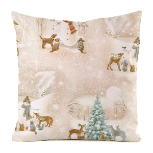Detail of Christmas throw pillow cover featuring snowy winter animals and hand-drawn patterns
