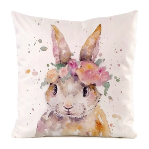 Detail of artistic watercolor rabbit illustration on square faux silk cushion cover