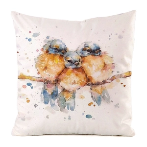 Detail of artistic watercolor birds printed on high-quality faux silk cushion cover