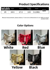 Size guide for large capacity crossbody bag with detailed dimensions and color options