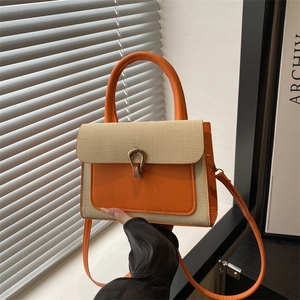 Orange leather and beige straw patchwork crossbody square bag with gold metal buckle