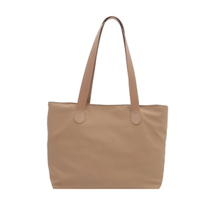 Minimalist khaki tote bag with spacious interior and long leather shoulder straps