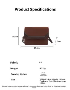 Detailed size specifications and material view of the brown PU leather square crossbody bag