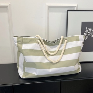Large Capacity Women Striped Tote Bag Nylon Shoulder Bag With Rope Handle Casual Beach Travel Shopping Handbag For Lady