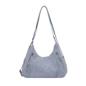 Minimalist grey-blue hobo tote bag with dual front zippers and slim shoulder straps