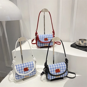 Sweet blue and white plaid shoulder bags with red apple embroidery in three strap colors