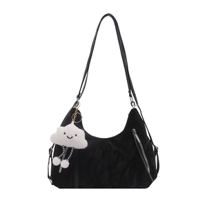 Black suede-like shoulder bag with a cute white cloud plush pendant and silver zipper
