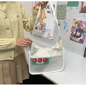 Détail du sac à bandoulière en toile blanc cassé avec insert en PVC et motifs de fleurs rouges