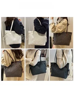 Classic tote bags with all-over M letter pattern and side drawstring detail on the body