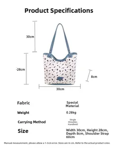 Detailed size specifications for the purple floral canvas bucket tote bag with blue trim