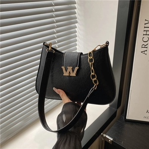 Borsa Hobo Da Spalla Donna Pelle PU Trama Increspata Fibbia Lettera W Strass Catena Dorata Borsa Moda