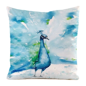 Close-up of watercolor peacock print on faux silk square decorative pillow case