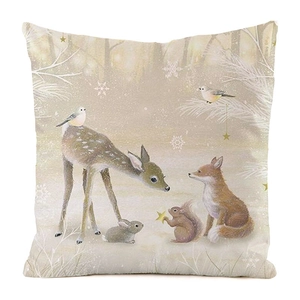 Detailed view of forest animals illustration on faux silk Christmas cushion cover