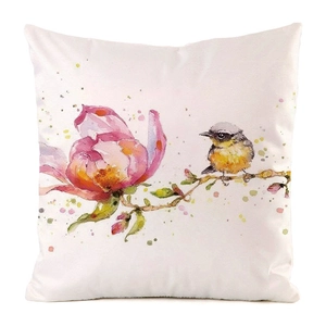 Close-up of bird and floral watercolor print on high-quality decorative pillow case