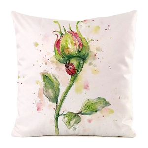 Detail of watercolor green rose bud and red ladybug on soft silk cushion cover