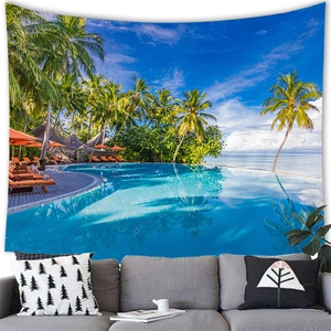 Tropische Strandinsel Landschaft Wandteppich mit Palmen und Pool zur Wanddekoration