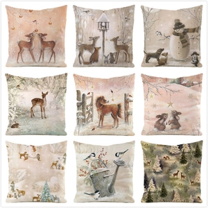 Christmas Decorative Pillow Cover Faux Satin Winter Forest Animal Print Square Cushion Case For Home Sofa