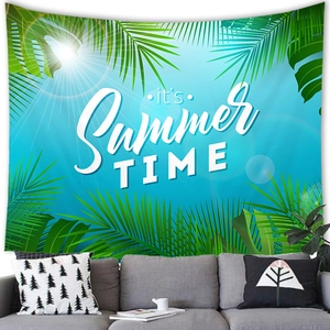 Summer theme wall tapestry with palm leaves and it's Summer TIME text over a gray sofa