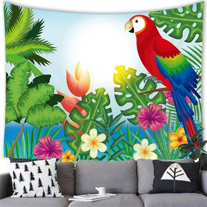 Détail d'une tapisserie de perroquet tropical avec feuilles de monstera sur un canapé
