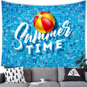 Detail of Summer TIME wall tapestry with pool tile design and colorful beach ball