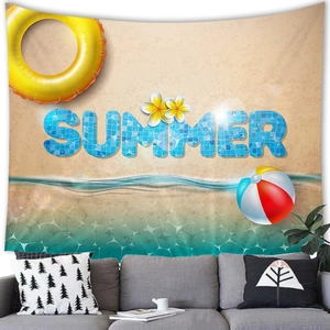 Summer beach wall tapestry with pool tiles pattern and Frangipani flowers above sofa