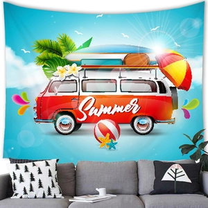Detail of summer beach tapestry with vintage red van and surfboard on a white wall