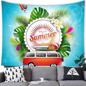 Detail of summer wall tapestry featuring retro camper and tropical palms over a grey sofa